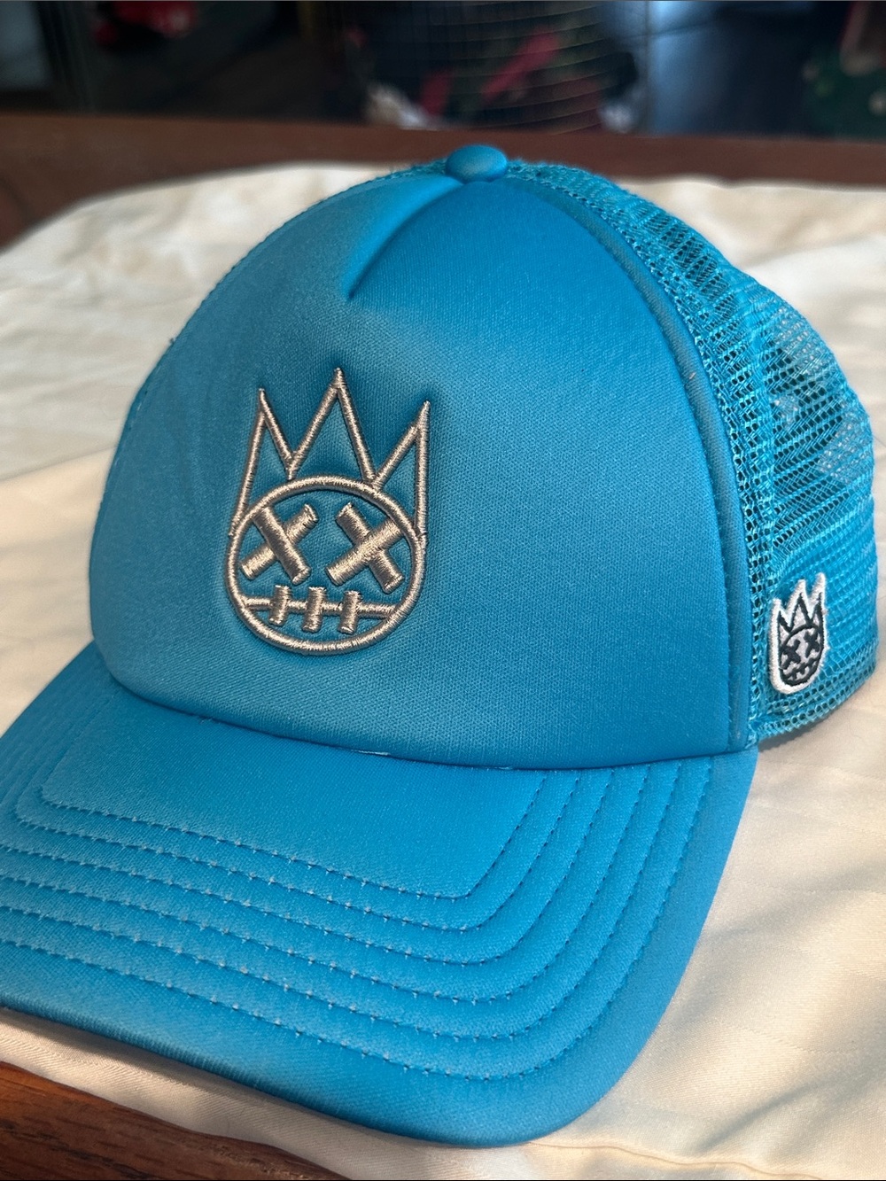 Cult of Individuality Teal Blue Kids Trucker Hat with Crown Face Patch